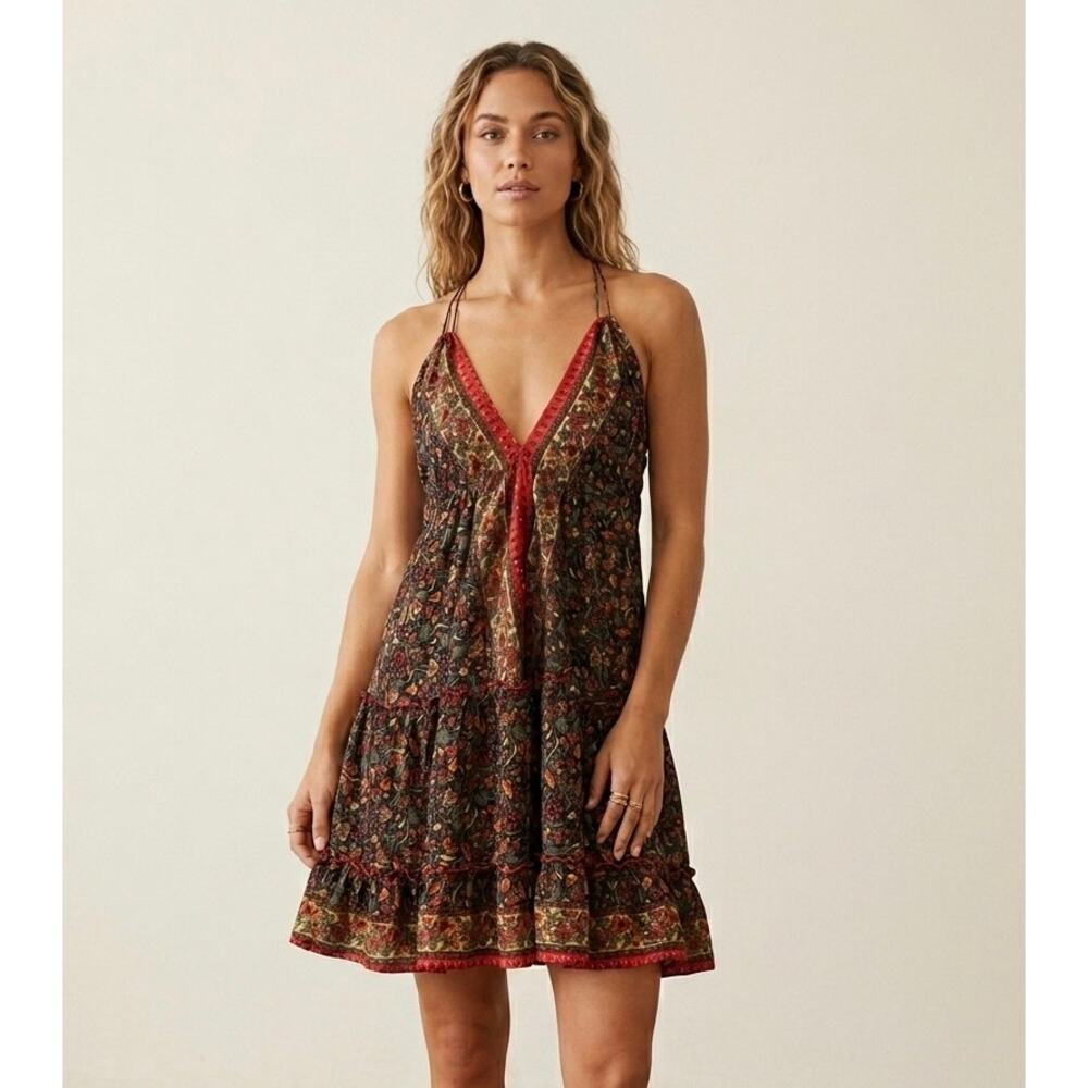 Zury India Silk Viscose Halter Dress Bohemian Festival Floral Tiered One Size